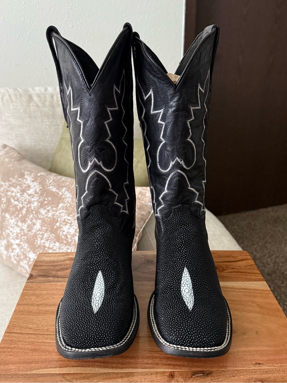 Okie Western Handmade Stingray Boots Size 8.5D Black/White Colorway